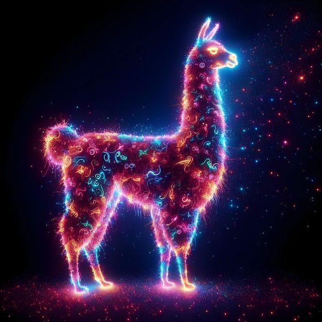 Colorful neon llama silhouette made of millions of ultra bright neon strings