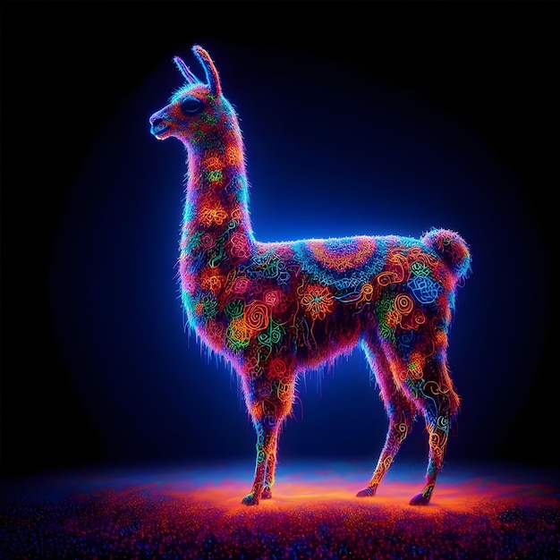 Colorful neon llama silhouette made of millions of ultra bright neon strings