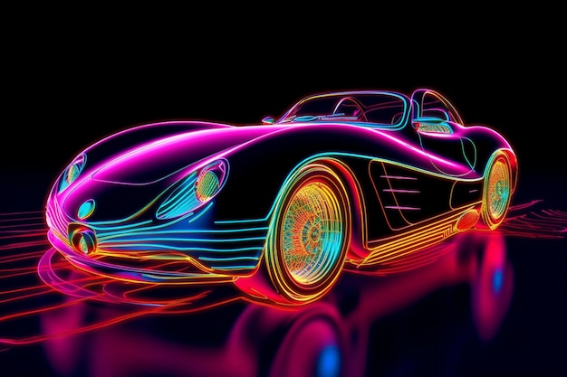 A colorful neon painting of a car neon car with neon lights on it