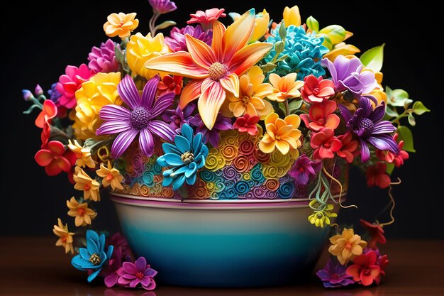 Colorful neon rainbow exotic flowers in flowerpot on black background Generative AI