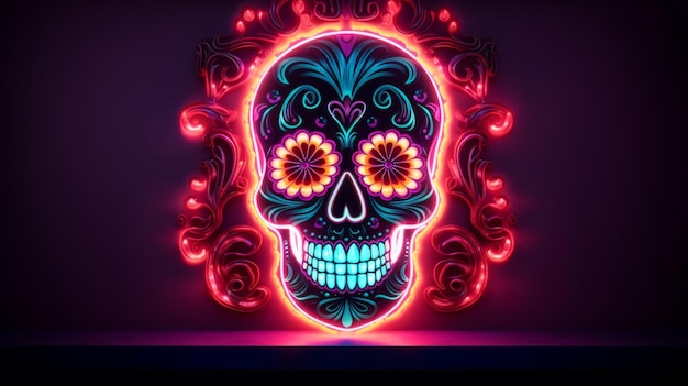 Colorful neon skull decor sign mexican day of the dead concept