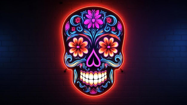 Colorful neon skull decor sign mexican day of the dead concept