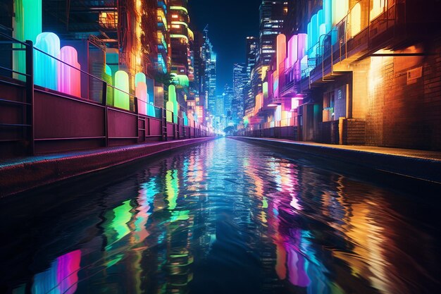 Colorful Neon Wave Background in City Lights