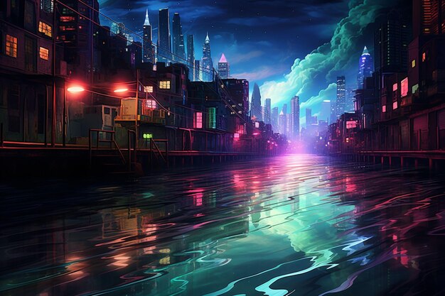 Colorful Neon Wave Background in City Lights