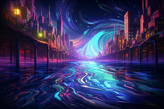 Colorful neon wave background in city lights