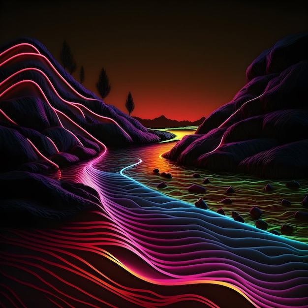 Красочная неоновая волнистая линия, светящаяся в темном пейзаже под речной ночной сценой, абстрактный фон ai