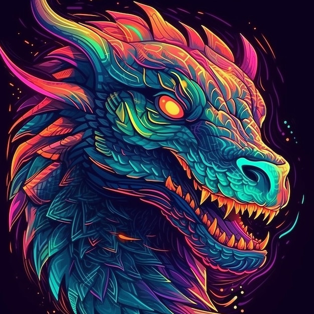 Colorful neon wicked looking dragon digital art wallpaper AI Generated Photo