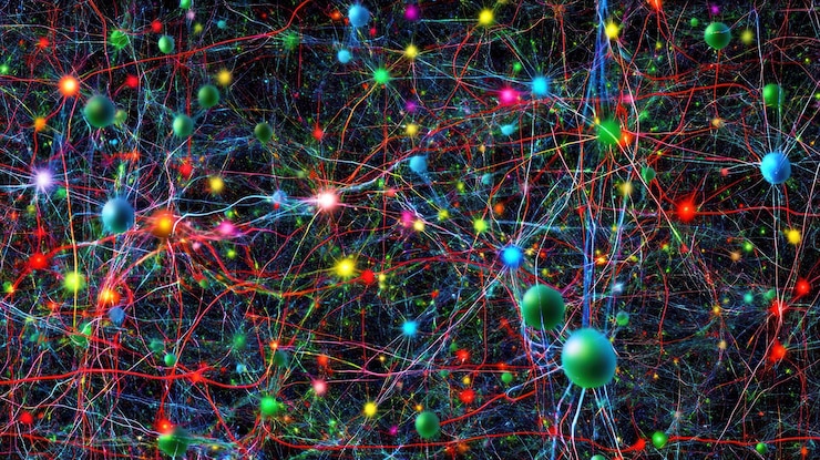 Photo colorful neural network connections abstract science background medical technology concept