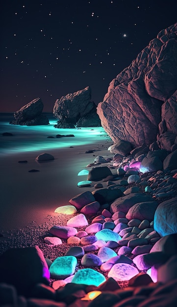 A colorful night scene with rocks on the beach and the moon in the background.