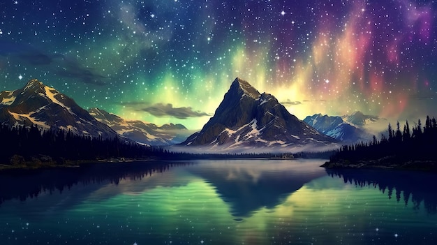 Colorful northern lights in night starry sky with stars over lake and mountains Generative AI illustration