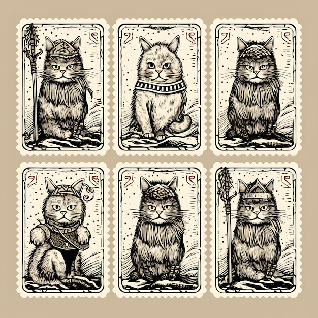 Colorful Norwegian Forest Cat With Viking Attire Brandishing a Tiny a Animal Stamp collection idea