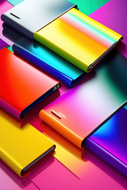 Colorful notebooks on bright background around copy space office desk minimal