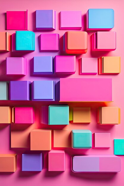 Colorful notebooks on bright pink background around copy space Office desk Minimal