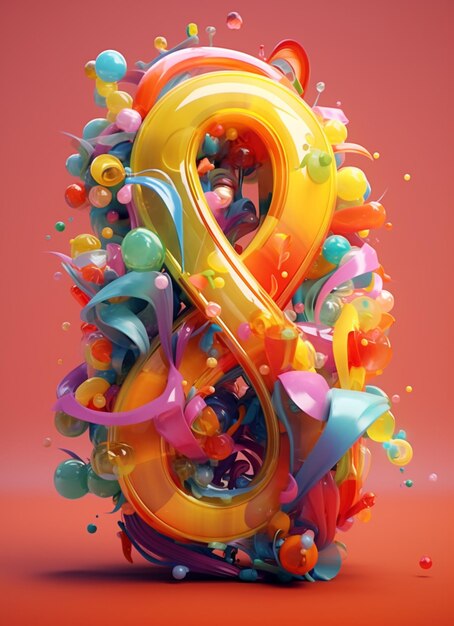 A colorful number 8 is surrounded by colorful ribbons.