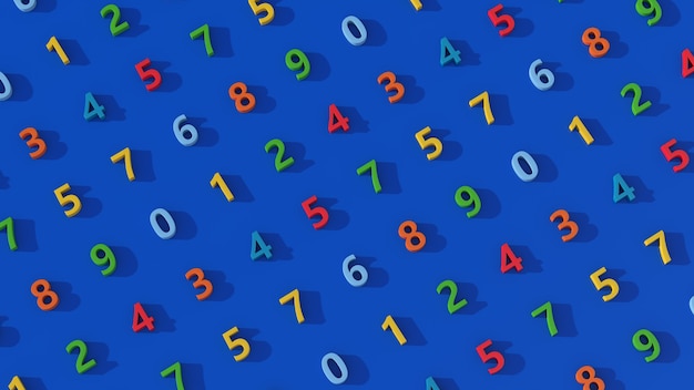 Colorful number pattern. Blue background. Abstract illustration, 3d render.