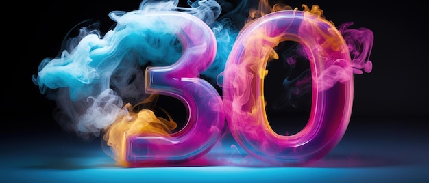 Colorful number thirty with vibrant smoke on black background Symbol 30 Invitation for a thirtieth birthday party or business anniversary Neon light and colors Generative AI