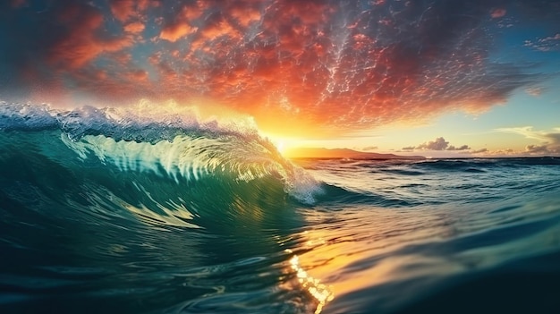 Красочная океанская волна Морская вода в форме гребня Закатный фон с технологией генеративного искусственного интеллекта