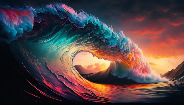 Красочная океанская волна Морская вода в форме гребня Закатный свет и красивые облака на заднем плане Генеративный ай