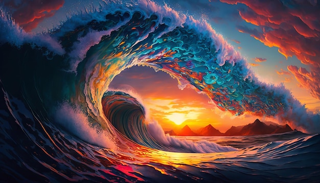 Colorful Ocean Wave Sea water in crest shape Sunset light and beautiful clouds on background Generative ai
