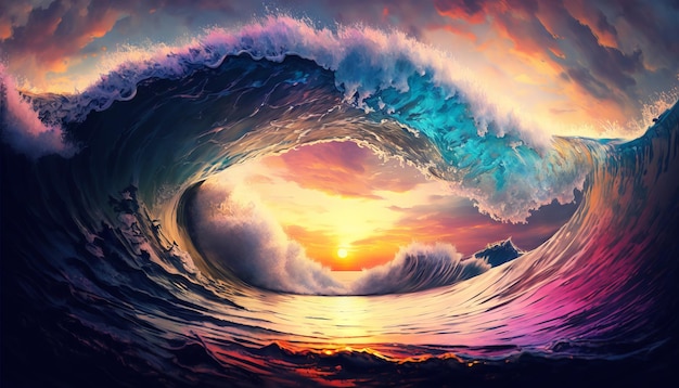 Premium Photo Colorful Ocean Wave Sea Water In Crest Shape Sunset