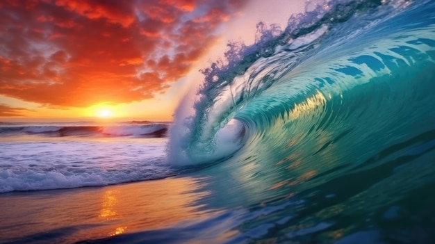 カラフルな海の波、紋章の形をした海水、背景に夕日の光と美しい雲