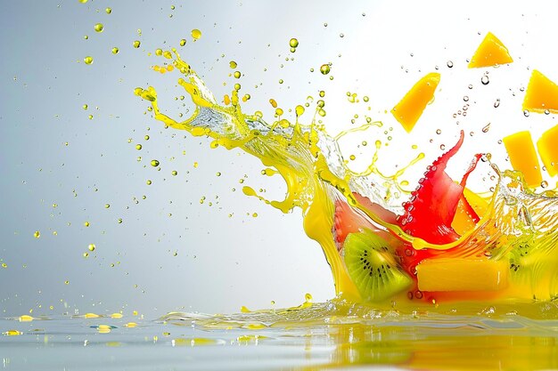 Photo colorful octopus salad splash with julienne mango and kiwi strips