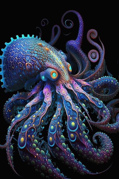 A colorful octopus with a black background.