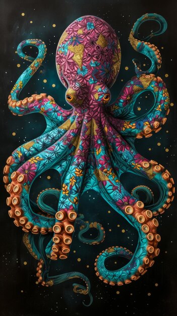 A colorful octopus with a blue and pink design on its head