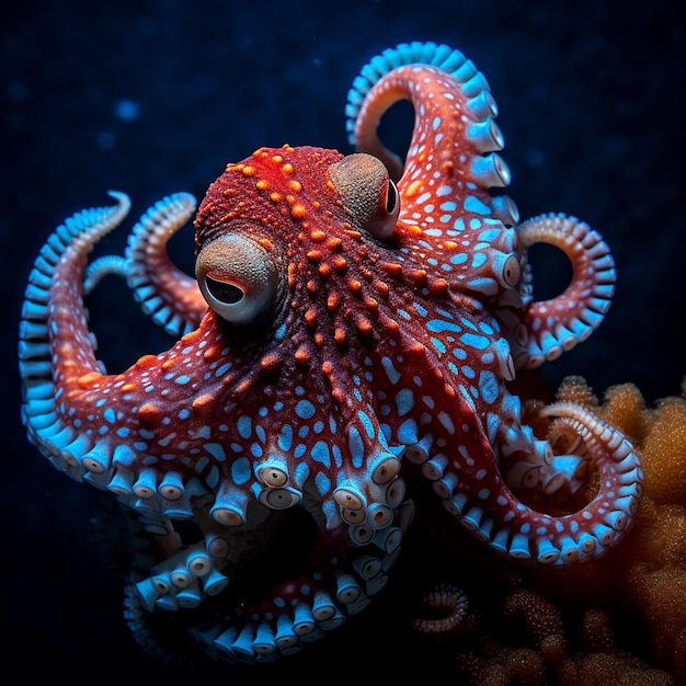 A colorful octopus with a blue and red face