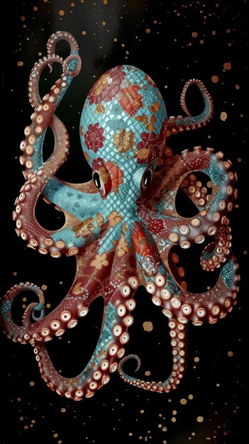 A colorful octopus with a blue and red pattern on its head