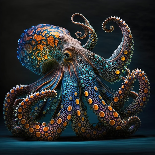 A colorful octopus with orange and blue eyes is shown