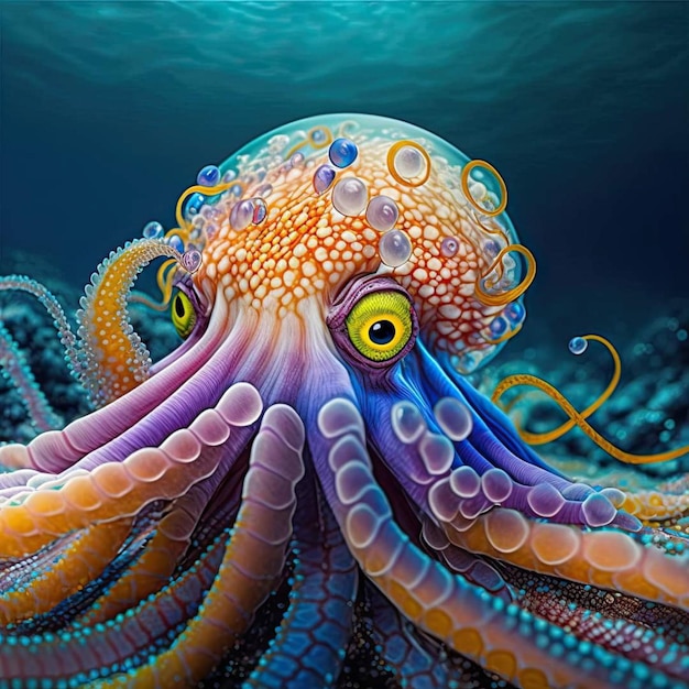 A colorful octopus with yellow eyes and a green eye.