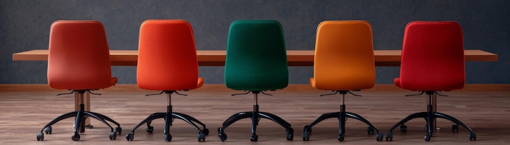 Photo colorful office chairs lined up at wooden conference table