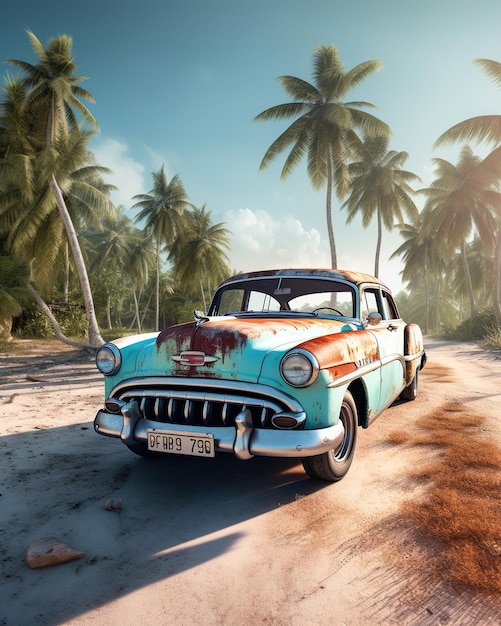 colorful offroad car on the beach with palm trees and sun happy vibes