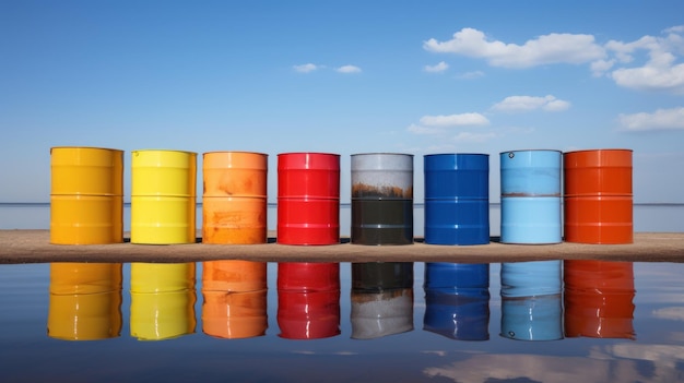 Photo colorful oil drums barrels on water surface with reflection