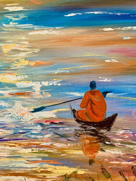 Foto pittura a olio colorata su tela tramonto asia barca disegno con vernici pittura lezioni interior design immagine