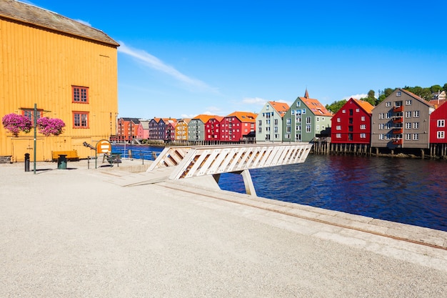 Colorful old houses at the Nidelva river embankment in the center of Trondheim old town, Norway