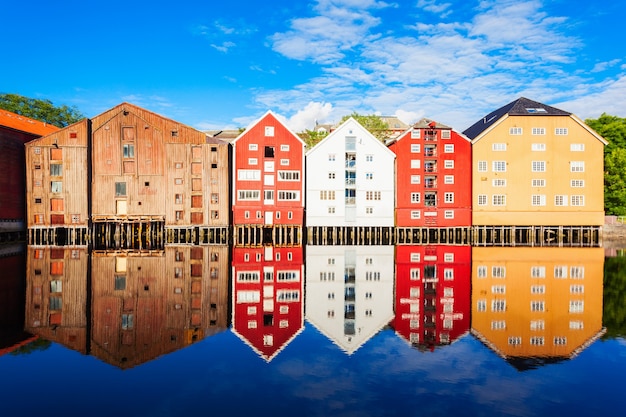 Colorful old houses at the Nidelva river embankment in the center of Trondheim old town, Norway