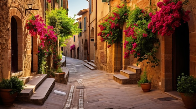 Colorful old street in pienza tuscany italy