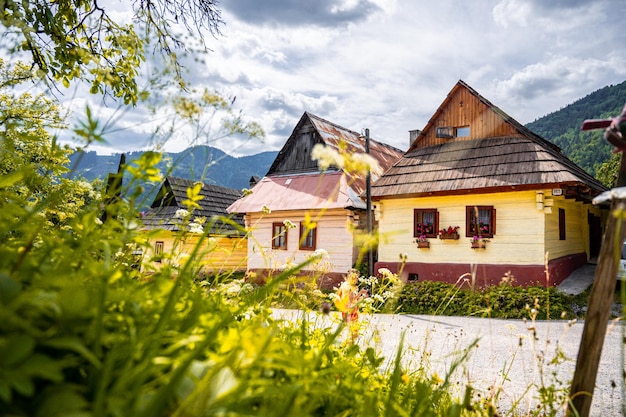 Colorful old wooden houses in Vlkolinec Unesco heritage Mountain village with a folk architecture Vlkolinec ruzomberok liptov slovakia