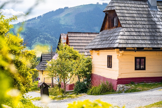 Colorful old wooden houses in Vlkolinec Unesco heritage Mountain village with a folk architecture Vlkolinec ruzomberok liptov slovakia