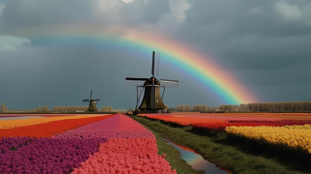 Colorful open field with beautiful tulips Generative AI