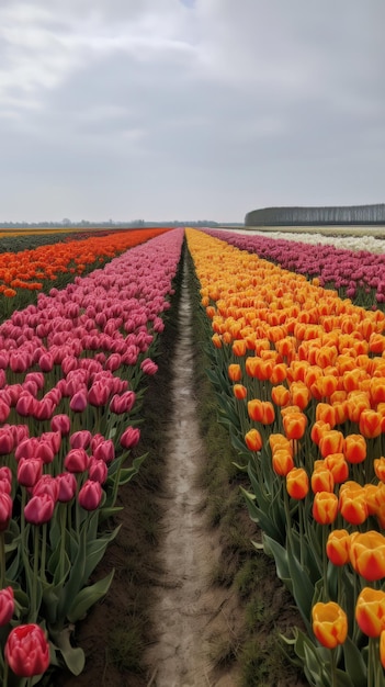 Colorful open field with beautiful tulips Generative AI