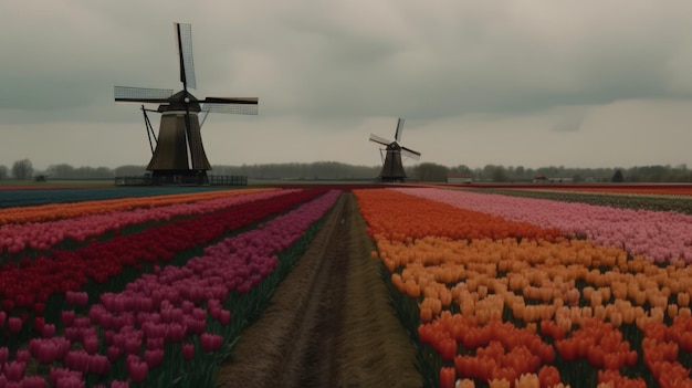 Photo colorful open field with beautiful tulips generative ai