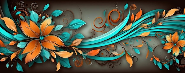 Colorful orange and blue flowers and leaves Repeating floral horizontal border Generative AI