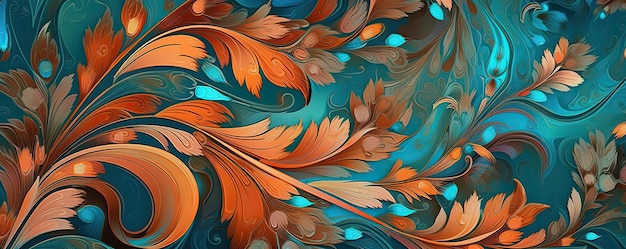 Colorful orange and blue flowers and leaves Repeating floral horizontal border Generative AI