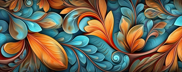 Colorful orange and blue flowers and leaves Repeating floral horizontal border Generative AI