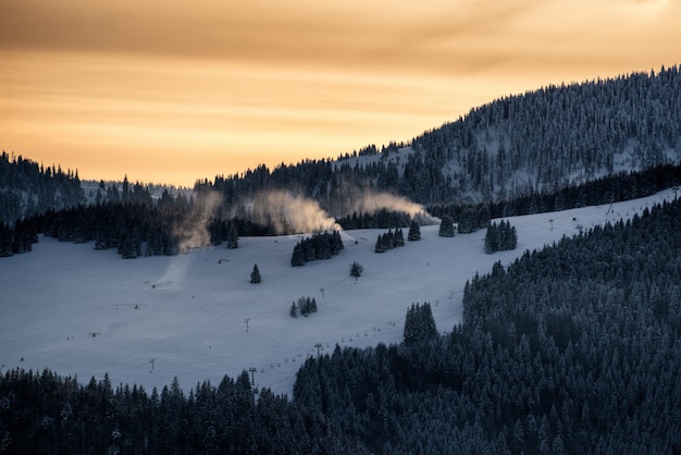 Colorful orange sky over hill Malinne in Great Fatra mountains at Slovakia