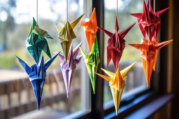Foto gru origami colorate appese a un filo creato con l'intelligenza artificiale generativa