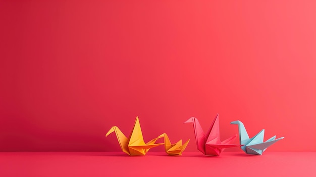 Colorful origami cranes on a vibrant red background